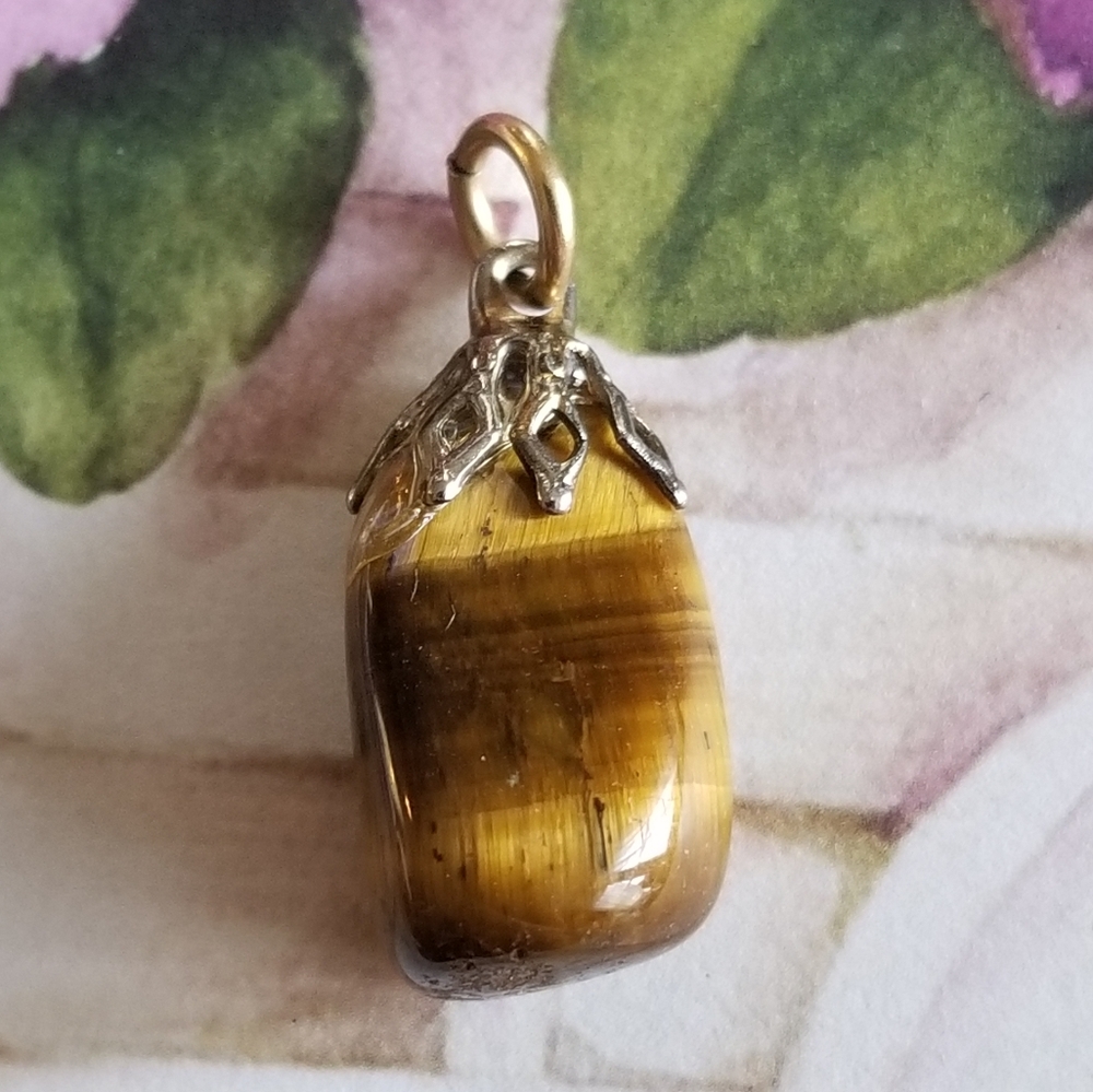 Vintage tiger eye pendant polished stone tumbled brown charm